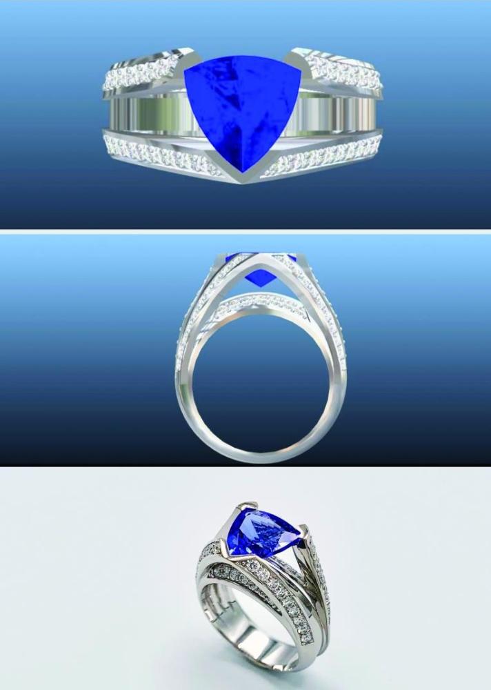3D et Bague or blanc diamant et tanzanite taille trillion