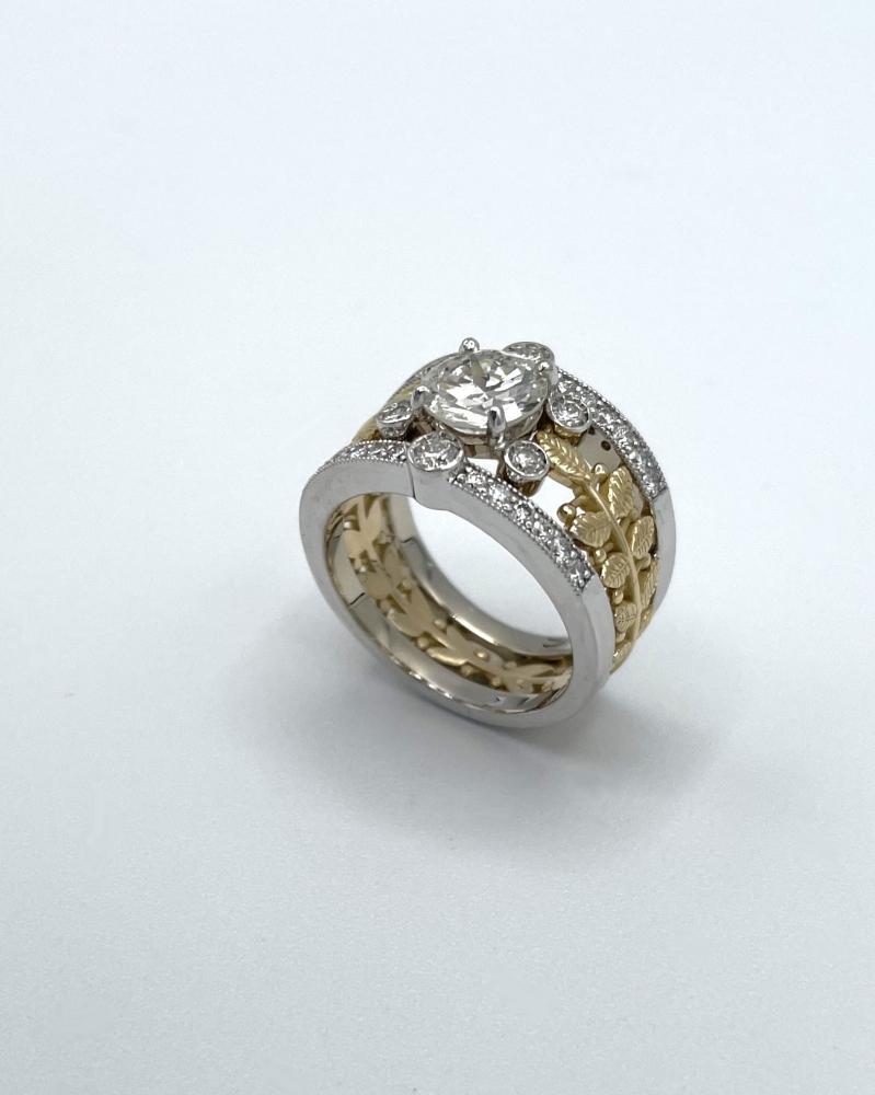 Bague 2 ors et diamants, feuilles