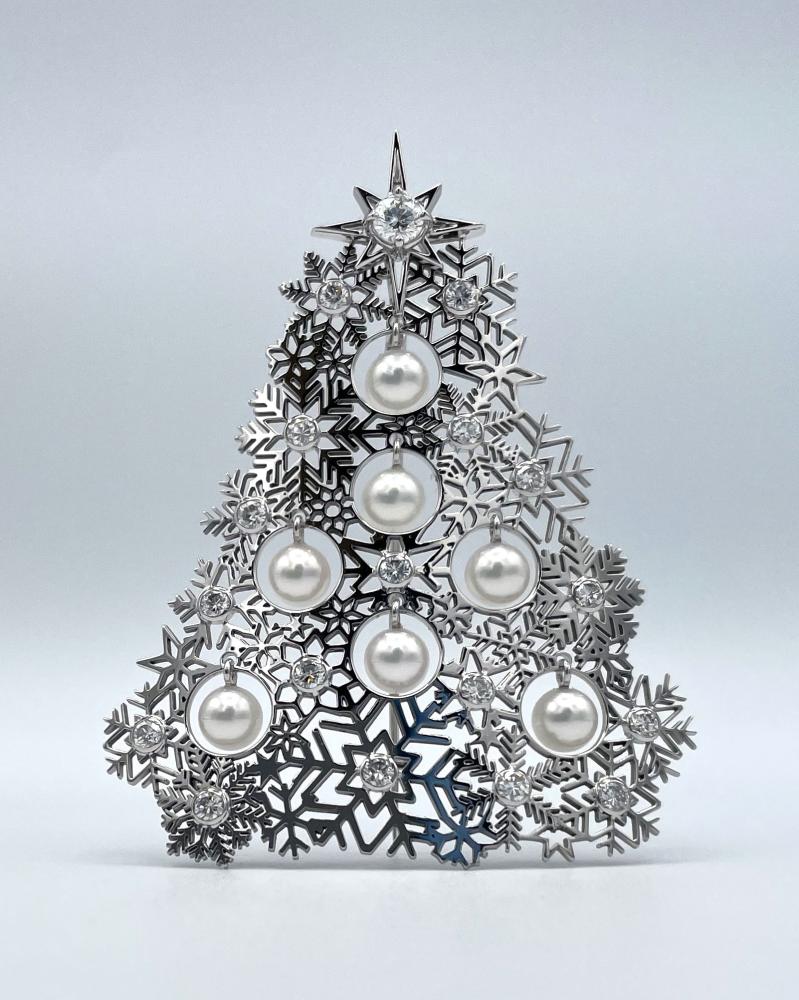 Broche or gris, diamants et perles, sapin_1