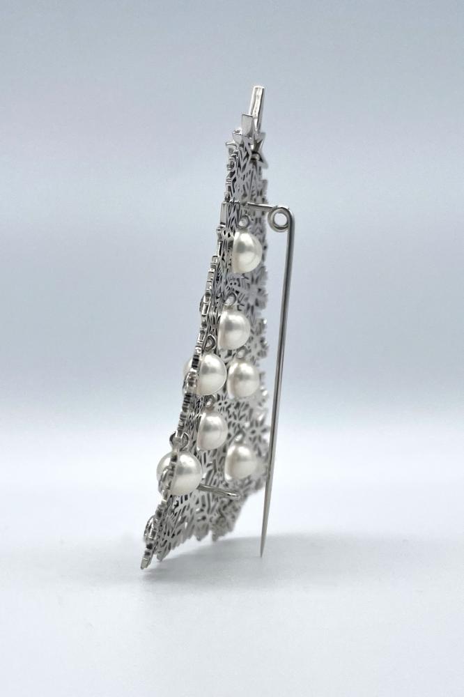 Broche or gris, diamants et perles, sapin_2