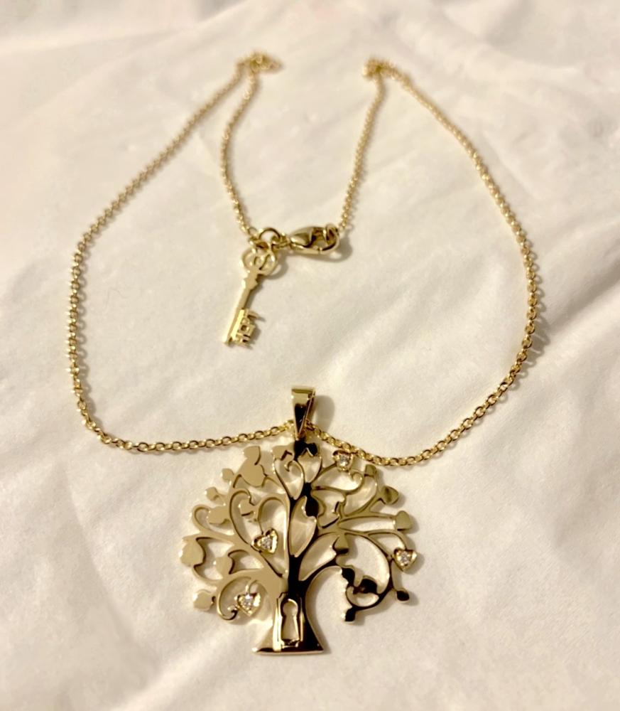 Collier or jaune et diamants, arbre de vie et clé cachée