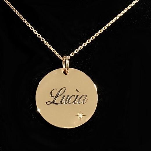 Pendentif or jaune et diamants, gravure Lucìa