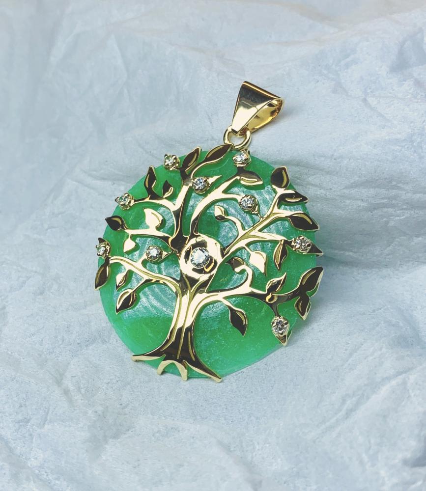 Pendentif or jaune, diamants et jade, arbre de vie
