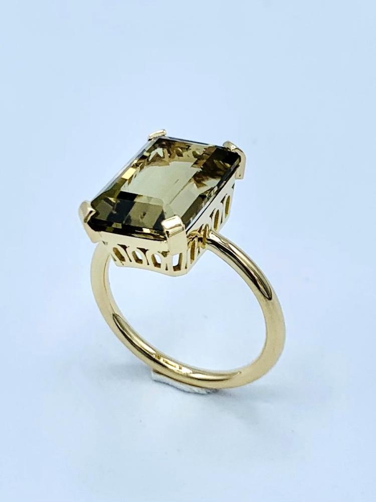 Solitaire or jaune quartz fumé taille emeraude