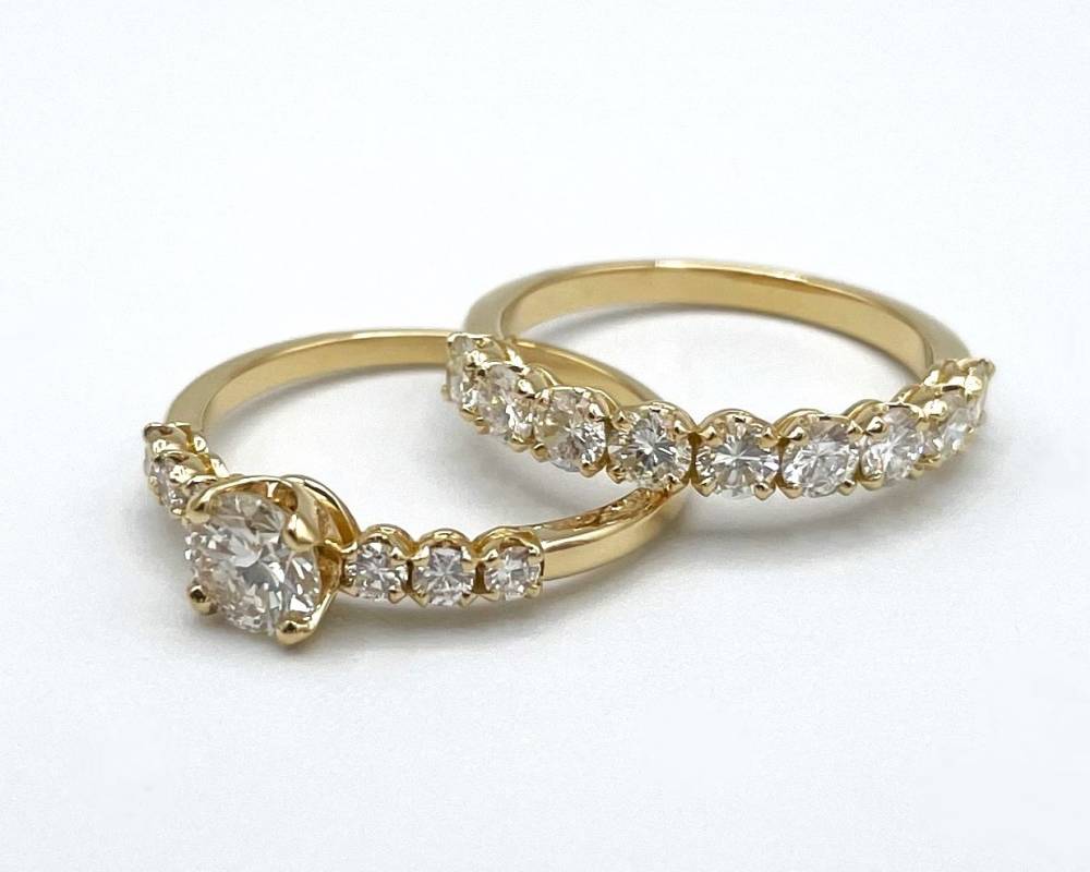 Duo solitaire et demi-alliance or jaune, diamants