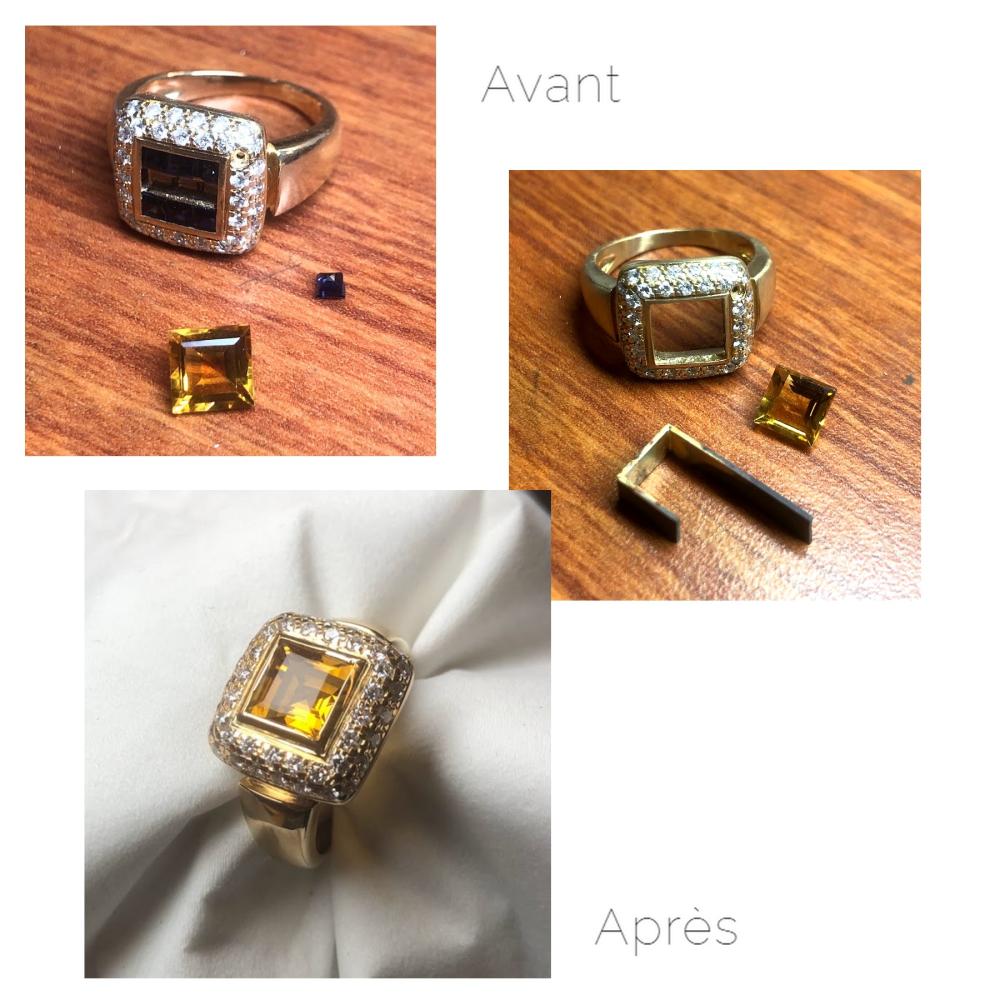 Bague or jaune diamants et citrine, serti clos_