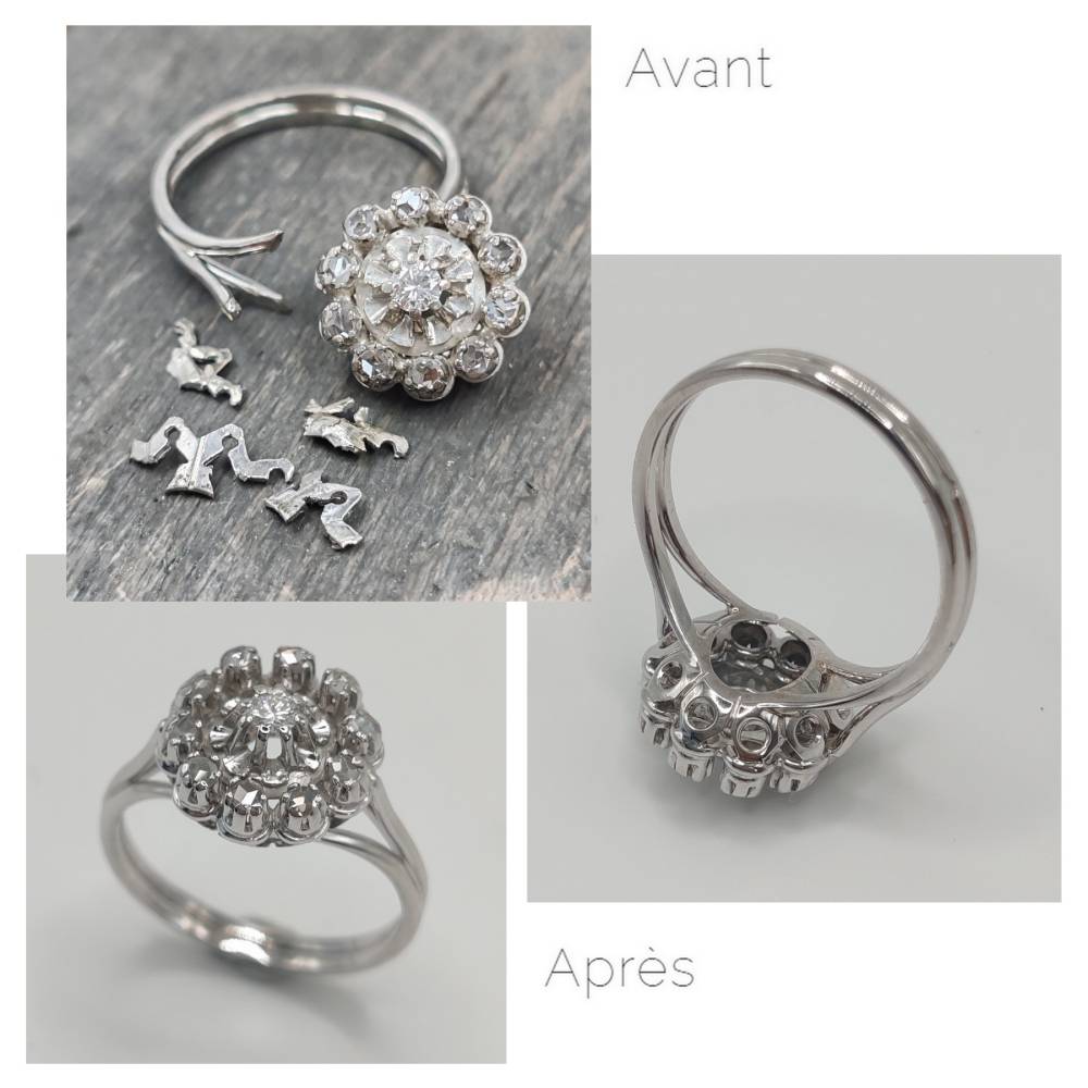 Bague Art Déco or blanc et diamants, panier à réparer
