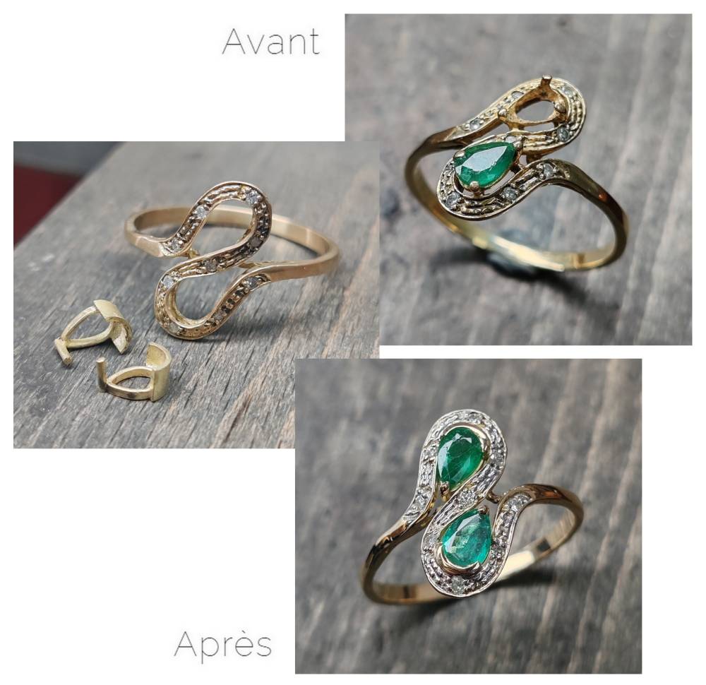 Réparation - Bague or jaune émeraudes et diamants - Changement de chatons