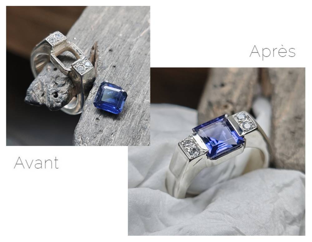 Réparation - Bague or blanc saphir taille princesse
