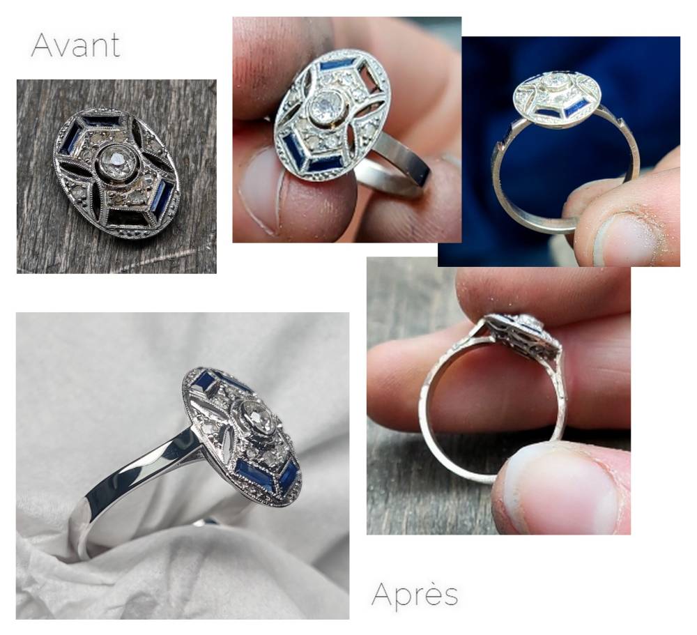 Réparation - Bague or blanc Art Déco saphirs et diamants - Nouvelle bague
