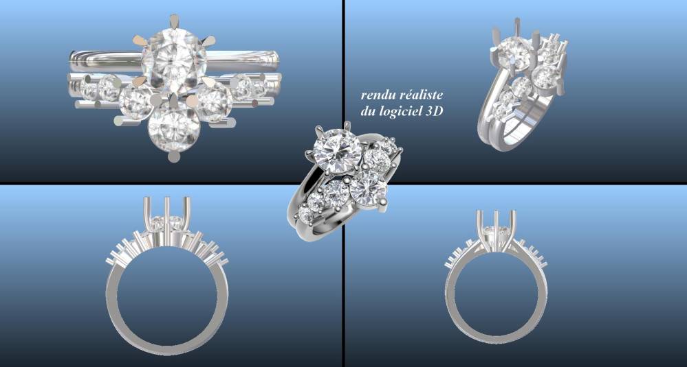 Bague effet Alliance et solitaire combinés or blanc et diamants _